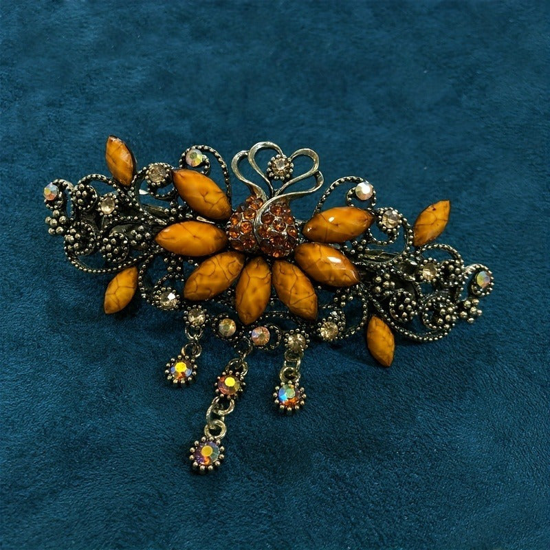 Vintage Floral Rhinestone Hair Clip - Turquoise Blue & Clear Floral Hairpin with Spring Clamp, Elegant Wedding, Party, Everyday Hair Accessories for Women - Retro Hair Clips for Braids, Updos, Bangs