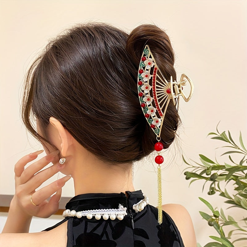Elegant Green Antique Tassel Fan Hairpin with Large Shark Design - Intricate Floral Motif, Durable Metal Craftsmanship for Hanfu & Traditional Costume Accessory, Cultural Fashion Piece, Elegant Hair Accessory | Traditional Costume Accessory | Detailed