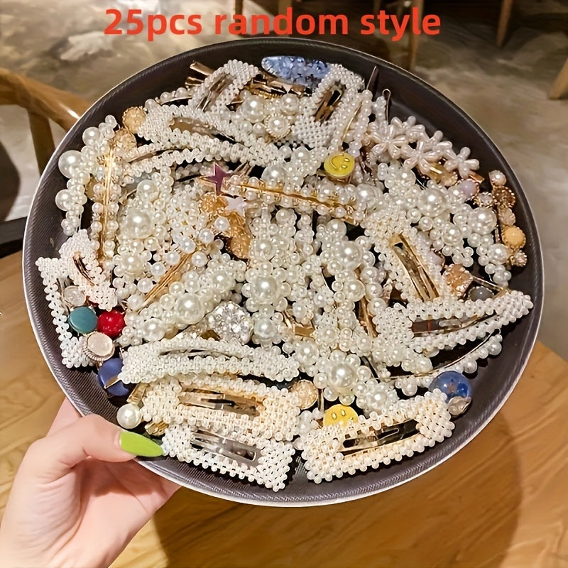 [25pcs Pearl Hairpins] 25pcs Elegant Pearl Hairpins & Barrettes | French-Inspired Side Tassel Pins, Stylish Accessory for Girls, Casual & Formal Occasions
