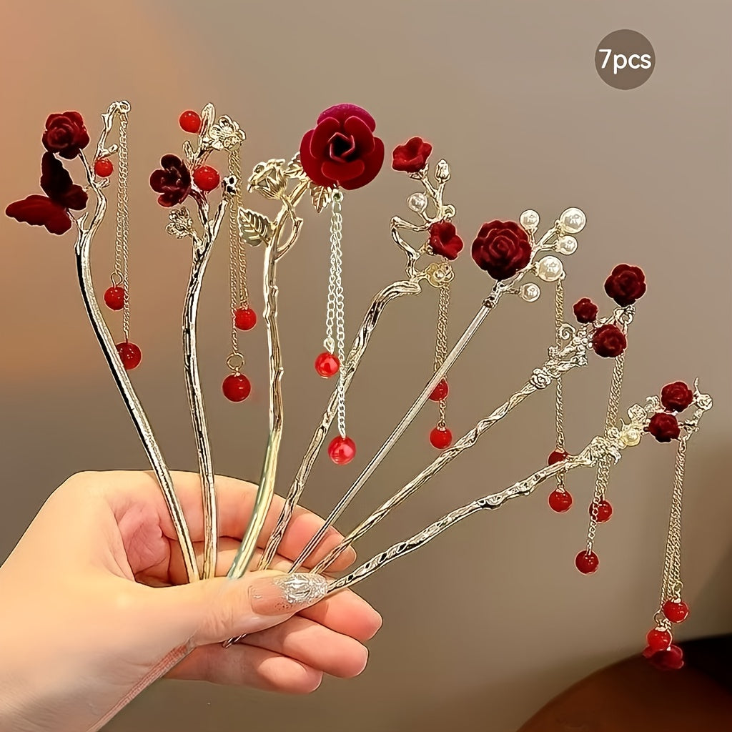 7pcs New Red Series Hairpins, Exquisite And Fashionable Elegant Hair Accessories, Suitable for Daily Life, Parties, Beautiful Festivals, Gifts, Etc.