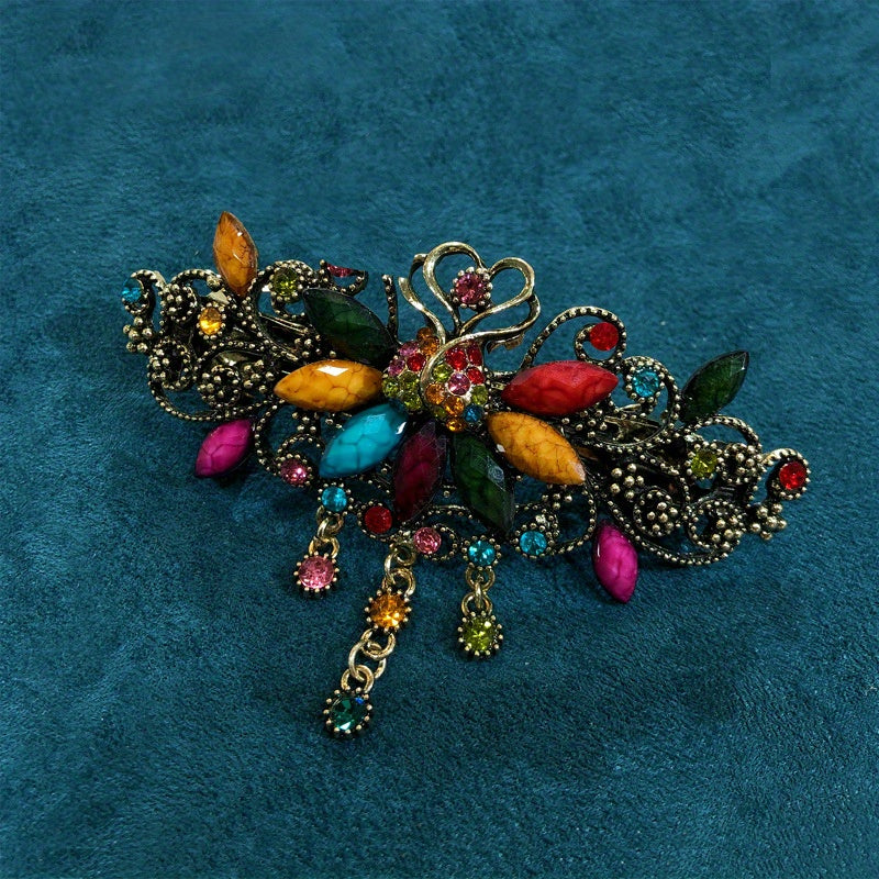 Vintage Floral Rhinestone Hair Clip - Turquoise Blue & Clear Floral Hairpin with Spring Clamp, Elegant Wedding, Party, Everyday Hair Accessories for Women - Retro Hair Clips for Braids, Updos, Bangs