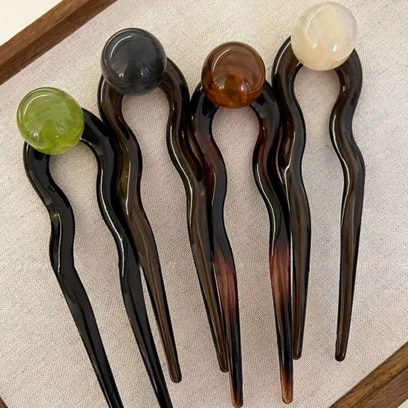 4pcs Chinese Style U-Shaped Hairpins - Elegant Classic Design with Stained Glass Beads & Black/Brown/Golden/Tan Colors, Secure Hold for Bun Hairstyles, Wedding, Formal Events, Role-Play & Everyday Use - Durable Hairpins for Women, Traditional Hair