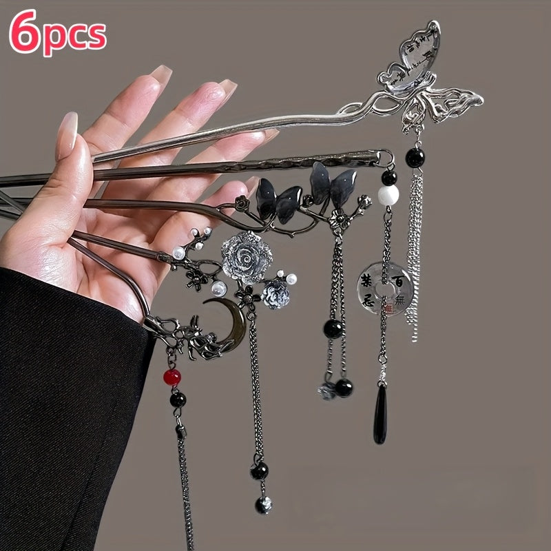 6pcs Alloy Elegant Butterfly Moon Rose Tassel Hairpin Set, Suitable for Women and Ladies, Fashionable Trendy Cool Hair Accessories, Perfect as Birthday Holiday Costume Party Photo Gift, Ideal Choice for Her