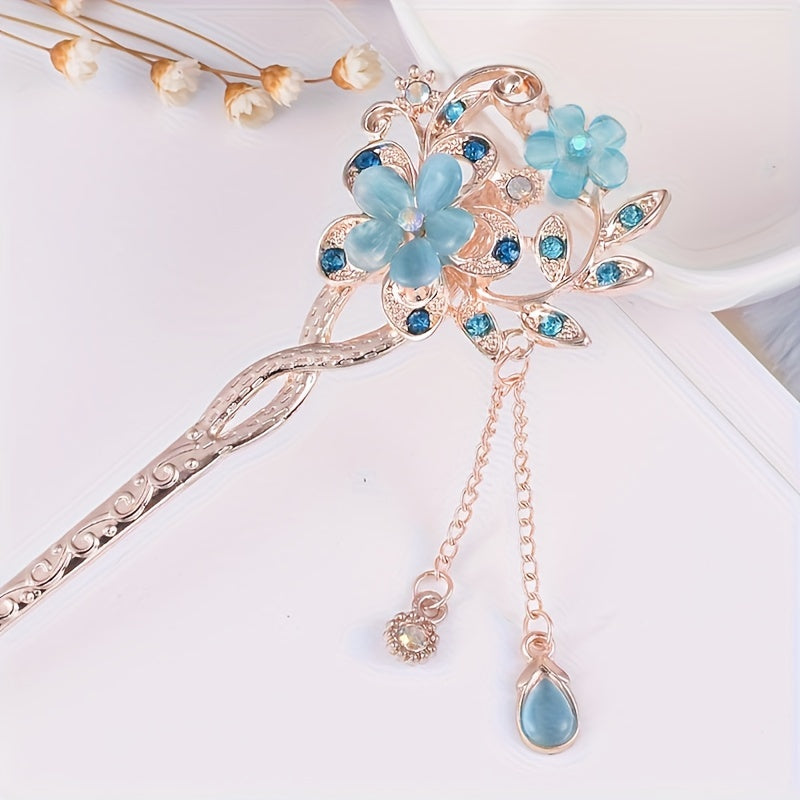 1pc Vintage Floral Hairpin - Elegant Ethnic Wedding, Party, Everyday Hair Accessory - Floral Hair Clip with Delicate Chains - for Women, Bridal, Special Events - Floral Hairpin for Updos & Voluminous Hairstyles