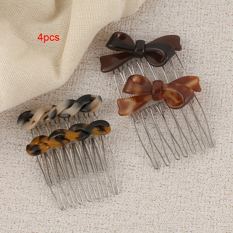 4pcs Elegant Acetate Bow Hair Combs Princess Side Hairpins Bangs Clips Updo Styling Accessories for Mother's Day, Back to Season, Thanksgiving, Christmas, New Year, Valentine's Day, Carnival Festival Gifts, Cute Hair Accessories