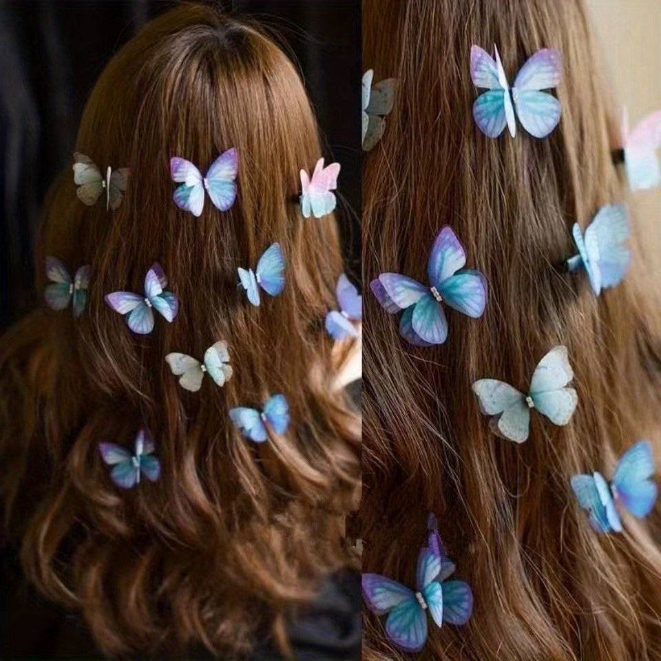 [100pcs Rhinestone Butterfly Hair Clips] 100pcs Vintage Bohemian Butterfly Hair Clips Set, Non-Slip Plastic Hair Accessories with Gradient Colors, Decorative Rhinestone Hairpins for Women