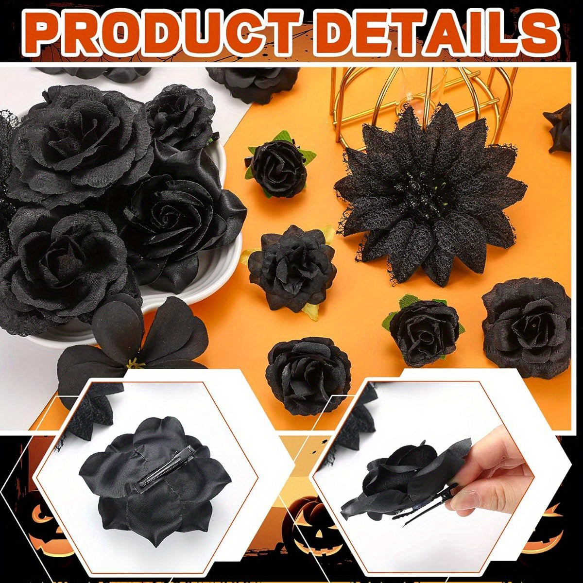 21pcs Black Rose Hair Clips for Women - Boho Bride Claw Clips with Green Stems, Elegant Floral Hairpins for Weddings, Bridal Accessories, and Formal Events, Wedding Hair Accessories, Wedding Hairpins, Sophisticated Style, Durable Hairpins