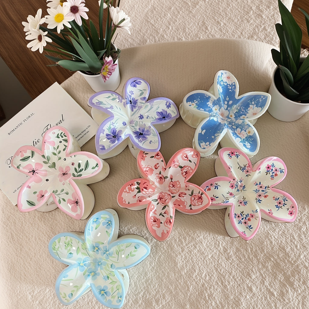 6pcs, Fresh Sweet Flower Hair Clips, Creative Printed Egg Flower Claw Clips, Fashionable Bauhinia Hair Accessories, Dopamine Elegant Shark Clips, Suitable for Women, s' Updo Clips, Perfect for Daily Styling, Parties, Travel