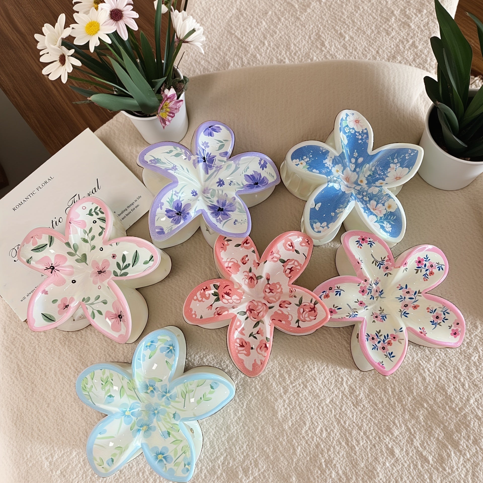 6pcs, Fresh Sweet Flower Hair Clips, Creative Printed Egg Flower Claw Clips, Fashionable Bauhinia Hair Accessories, Dopamine Elegant Shark Clips, Suitable for Women, s' Updo Clips, Perfect for Daily Styling, Parties, Travel