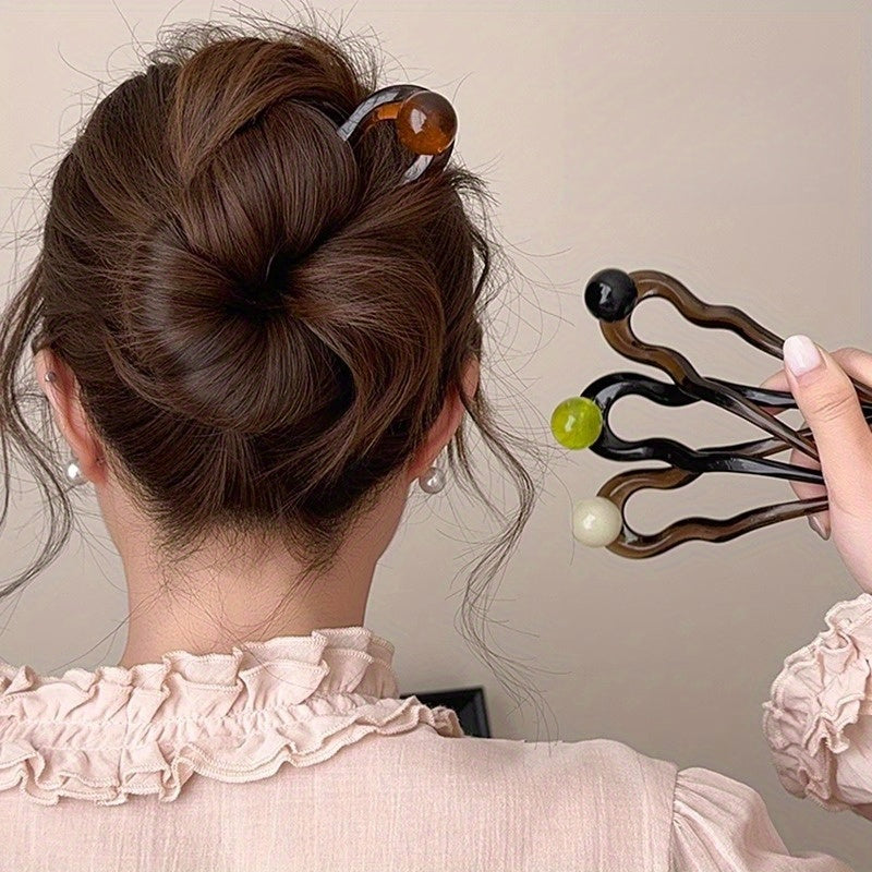 4pcs Chinese Style U-Shaped Hairpins - Elegant Classic Design with Stained Glass Beads & Black/Brown/Golden/Tan Colors, Secure Hold for Bun Hairstyles, Wedding, Formal Events, Role-Play & Everyday Use - Durable Hairpins for Women, Traditional Hair