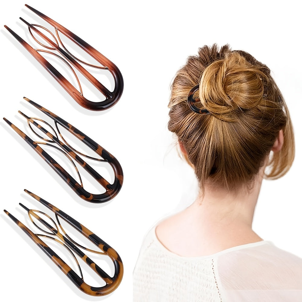 3pcs Tortoiseshell Hair Clip Set - U-Shaped Pins with Grip Teeth, Vintage-Inspired Accessories for Buns & Twists (Wedding/Daily Use), Perfect for Elegant Updos, Hair Styling Accessories | Vintage Hair Accessories | Grip Teeth Detail, Hair Accessories Set