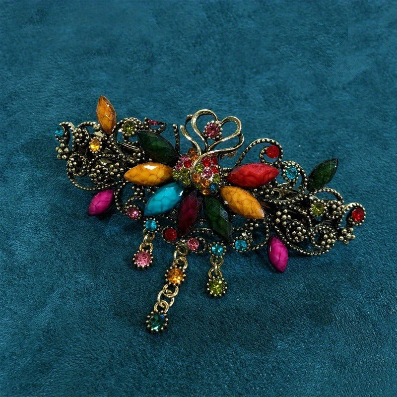 Vintage Floral Rhinestone Hair Clip - Turquoise Blue & Clear Floral Hairpin with Spring Clamp, Elegant Wedding, Party, Everyday Hair Accessories for Women - Retro Hair Clips for Braids, Updos, Bangs