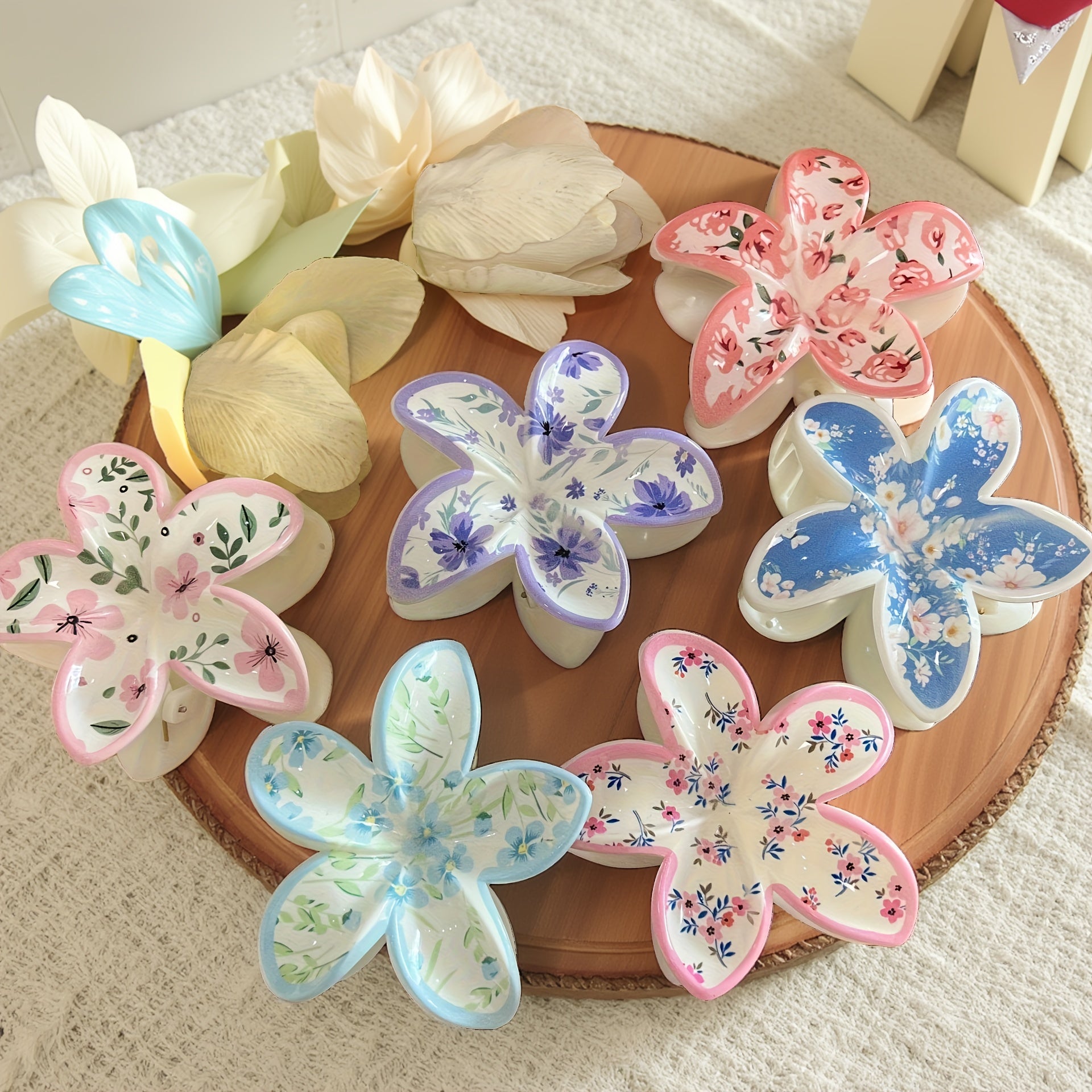 6pcs, Fresh Sweet Flower Hair Clips, Creative Printed Egg Flower Claw Clips, Fashionable Bauhinia Hair Accessories, Dopamine Elegant Shark Clips, Suitable for Women, s' Updo Clips, Perfect for Daily Styling, Parties, Travel
