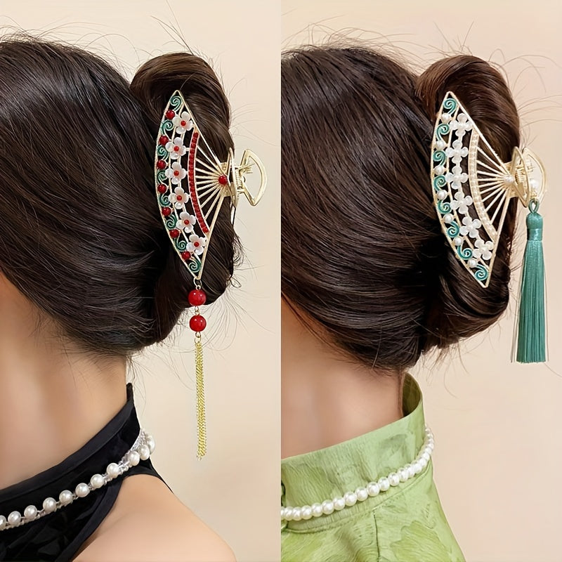 Elegant Green Antique Tassel Fan Hairpin with Large Shark Design - Intricate Floral Motif, Durable Metal Craftsmanship for Hanfu & Traditional Costume Accessory, Cultural Fashion Piece, Elegant Hair Accessory | Traditional Costume Accessory | Detailed