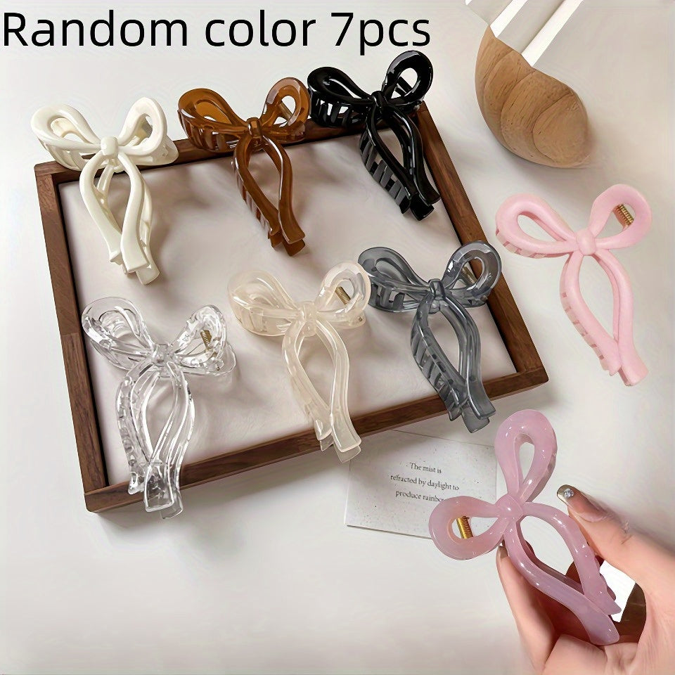 7 New Jelly Color Bow Hair Clips - Large Elegant Hair Claw Clips with Secure Hold, Pastel & Vibrant Colors (Pink, Orange, Yellow, Brown, Black, White, Red) for Women, Daily Wear, Valentine's Day Gifts, Ponytails, Buns & Braids - Durable Hair Accessories