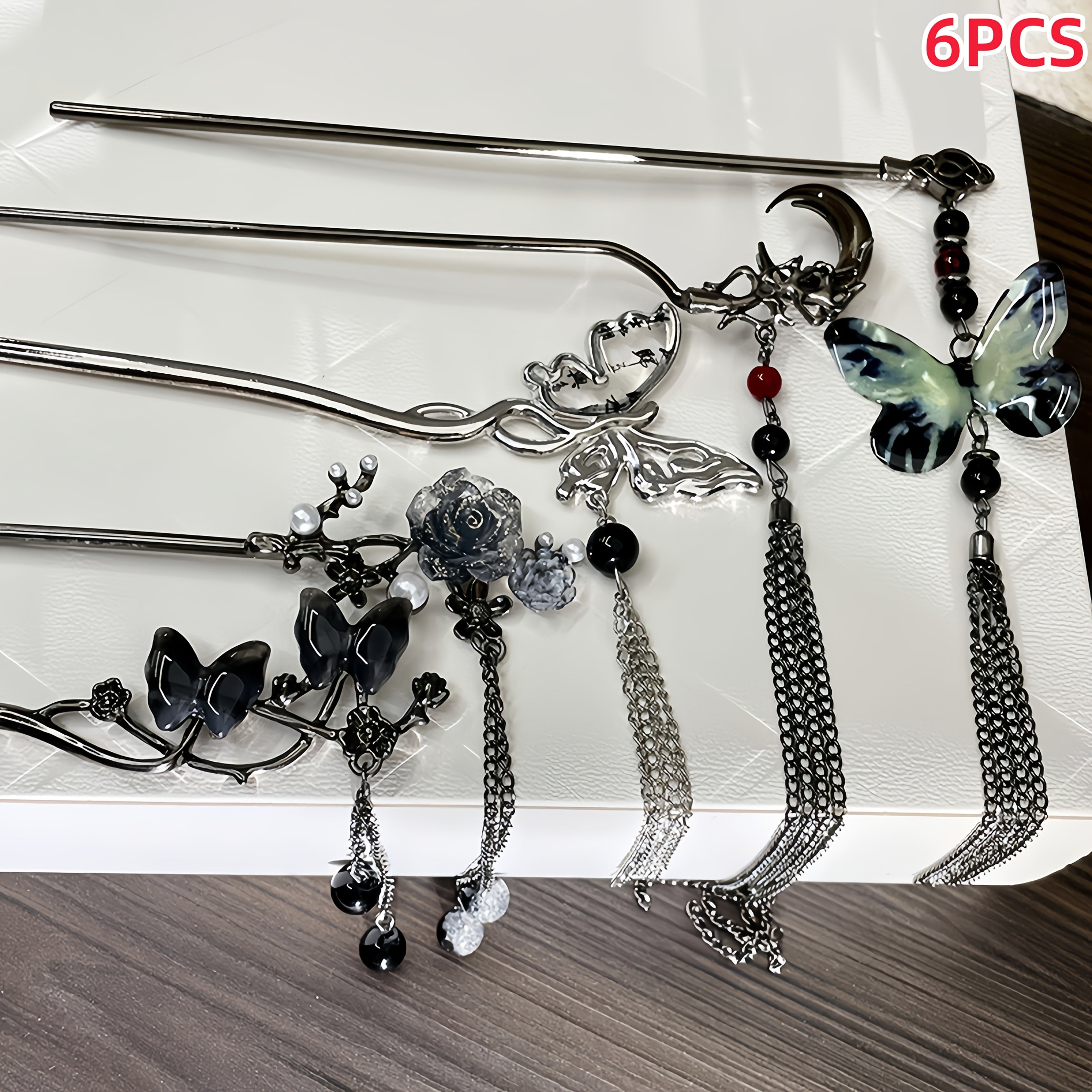 6pcs Alloy Elegant Butterfly Moon Rose Tassel Hairpin Set, Suitable for Women and Ladies, Fashionable Trendy Cool Hair Accessories, Perfect as Birthday Holiday Costume Party Photo Gift, Ideal Choice for Her
