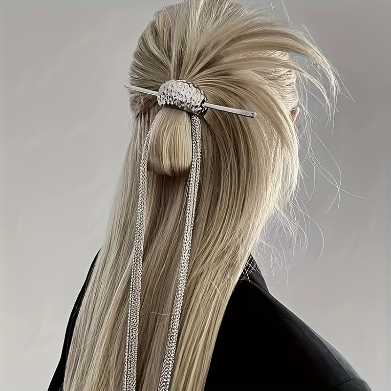 1pc Elegant Long Tassel Hairpin with Sparkling Beads - Stylish Silvery Women'S Updo Accessory, Perfect for Valentine'S Day, Formal Events, and Everyday Fashion, Formal Hair Accessory | Sparkling Bead Design | Durable Alloy