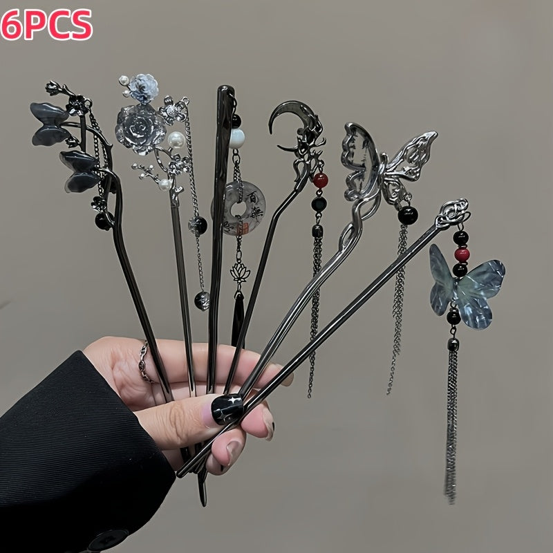 6pcs Alloy Elegant Butterfly Moon Rose Tassel Hairpin Set, Suitable for Women and Ladies, Fashionable Trendy Cool Hair Accessories, Perfect as Birthday Holiday Costume Party Photo Gift, Ideal Choice for Her