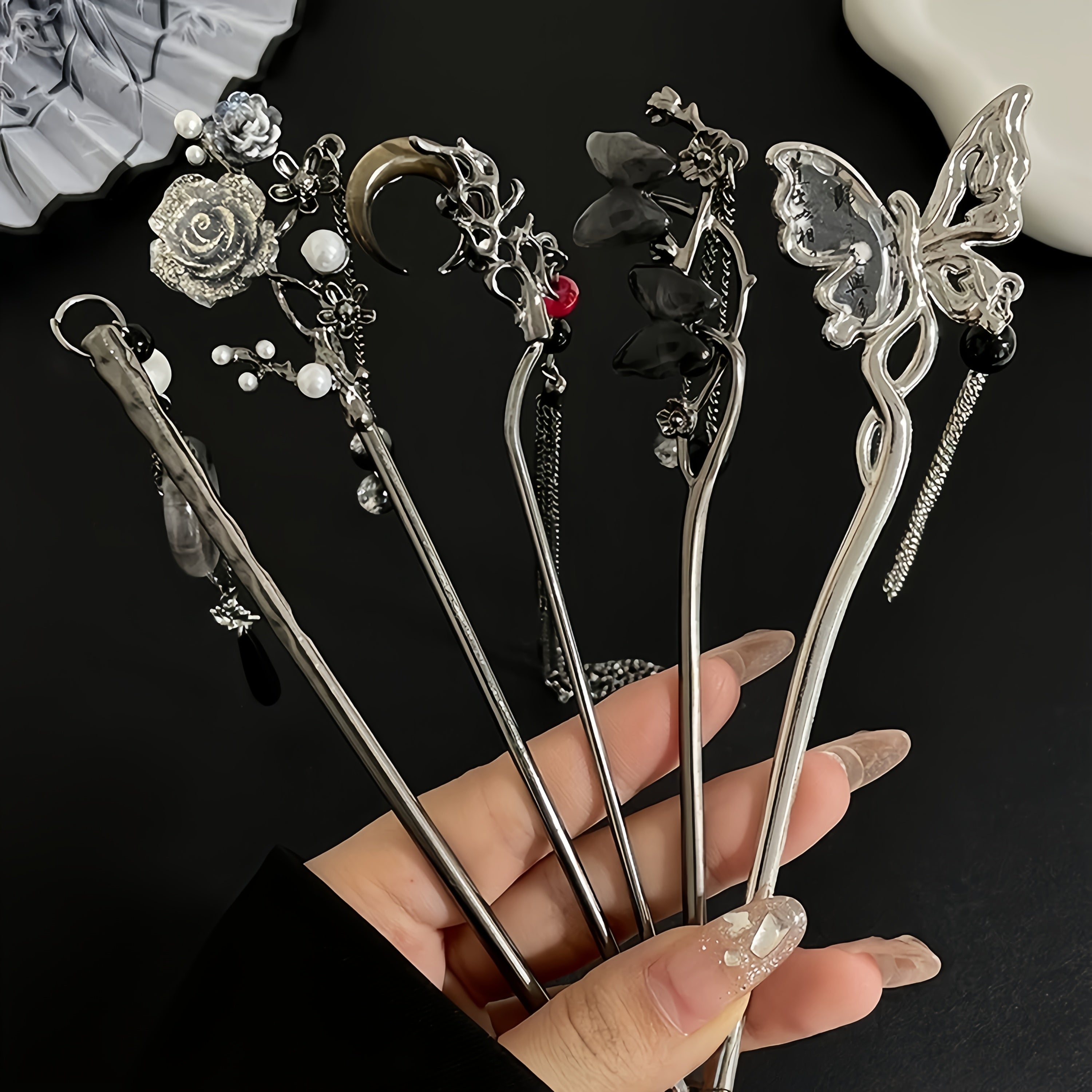 6pcs Alloy Elegant Butterfly Moon Rose Tassel Hairpin Set, Suitable for Women and Ladies, Fashionable Trendy Cool Hair Accessories, Perfect as Birthday Holiday Costume Party Photo Gift, Ideal Choice for Her