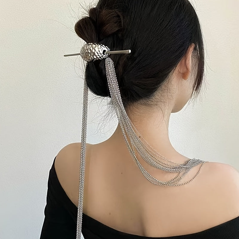 1pc Elegant Long Tassel Hairpin with Sparkling Beads - Stylish Silvery Women'S Updo Accessory, Perfect for Valentine'S Day, Formal Events, and Everyday Fashion, Formal Hair Accessory | Sparkling Bead Design | Durable Alloy