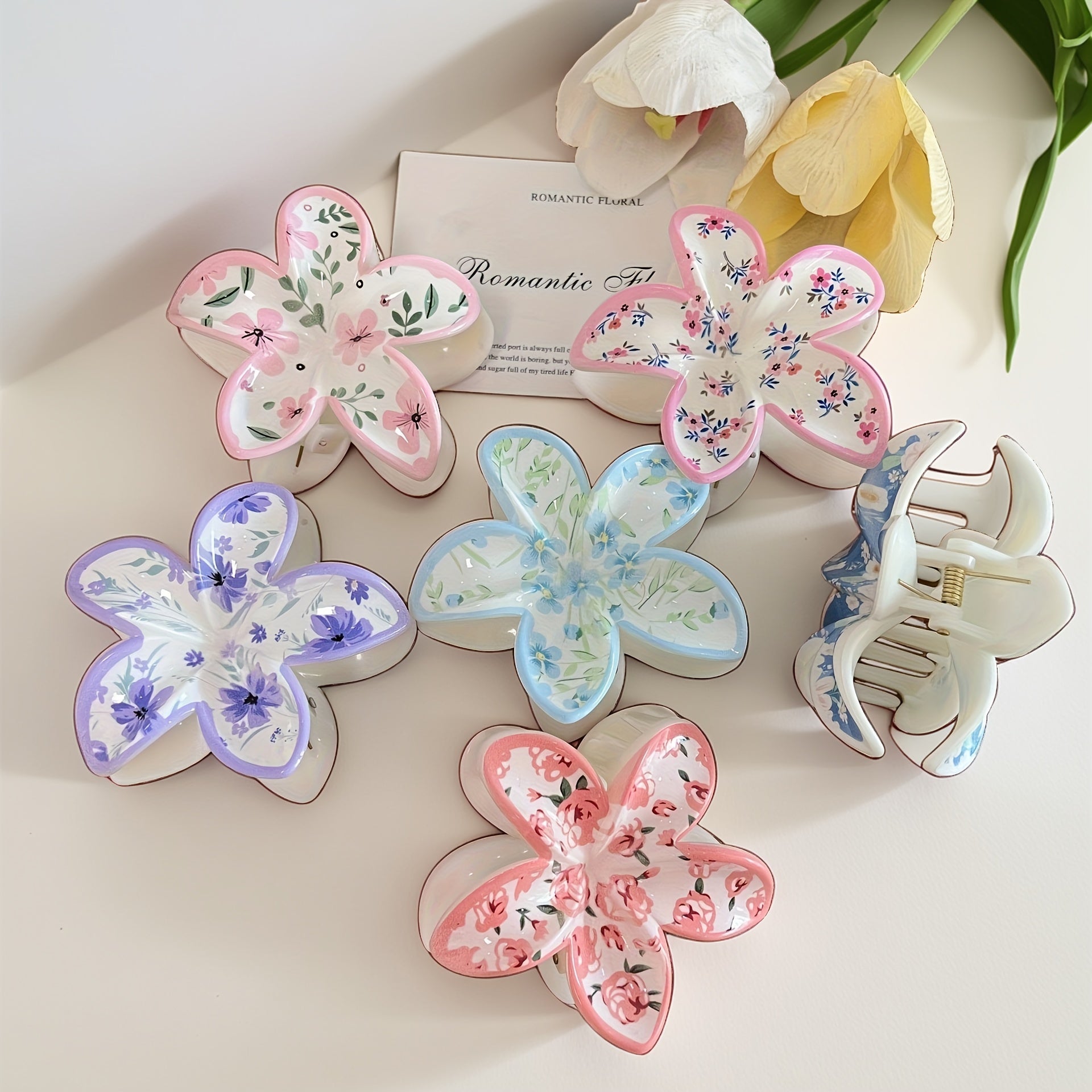 6pcs, Fresh Sweet Flower Hair Clips, Creative Printed Egg Flower Claw Clips, Fashionable Bauhinia Hair Accessories, Dopamine Elegant Shark Clips, Suitable for Women, s' Updo Clips, Perfect for Daily Styling, Parties, Travel