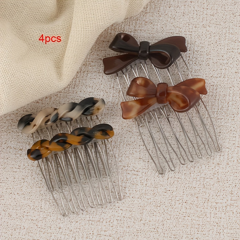 4pcs Elegant Acetate Bow Hair Combs Princess Side Hairpins Bangs Clips Updo Styling Accessories for Mother's Day, Back to Season, Thanksgiving, Christmas, New Year, Valentine's Day, Carnival Festival Gifts, Cute Hair Accessories