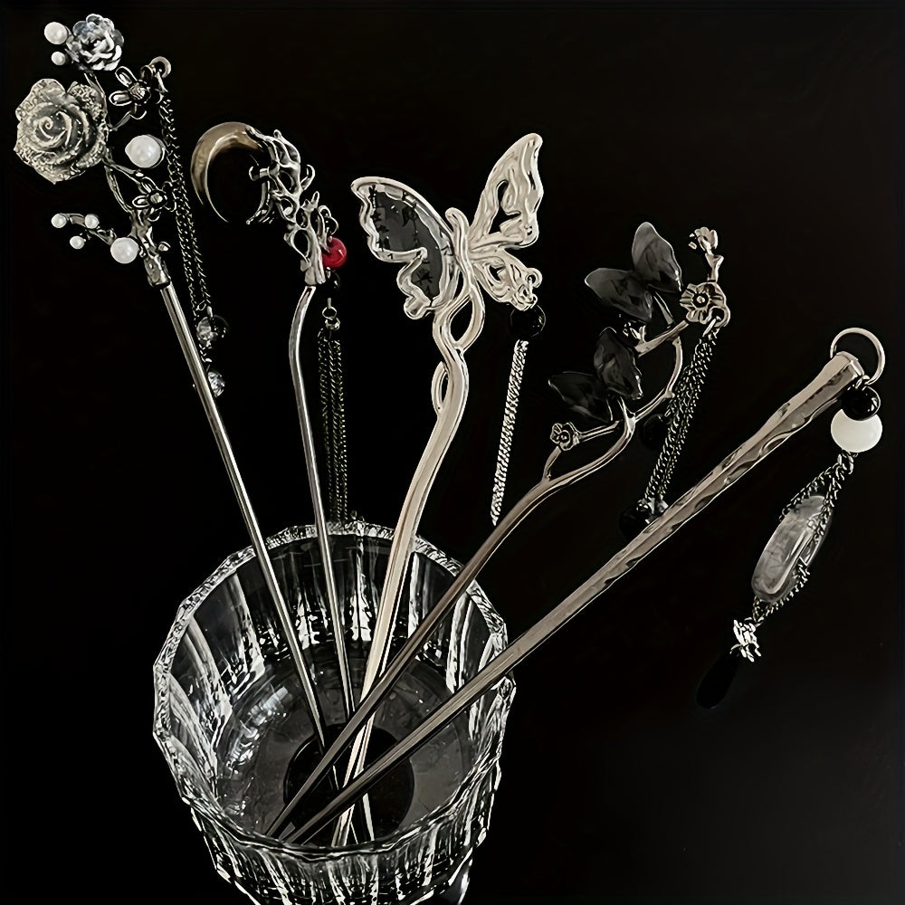 6pcs Alloy Elegant Butterfly Moon Rose Tassel Hairpin Set, Suitable for Women and Ladies, Fashionable Trendy Cool Hair Accessories, Perfect as Birthday Holiday Costume Party Photo Gift, Ideal Choice for Her