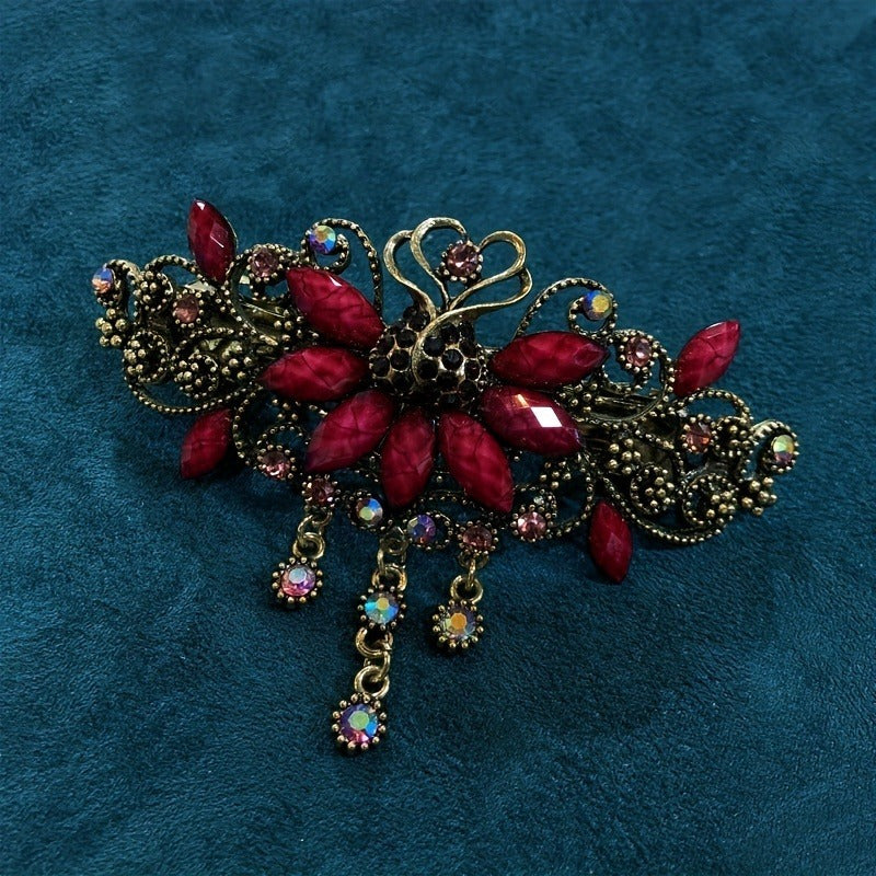 Vintage Floral Rhinestone Hair Clip - Turquoise Blue & Clear Floral Hairpin with Spring Clamp, Elegant Wedding, Party, Everyday Hair Accessories for Women - Retro Hair Clips for Braids, Updos, Bangs