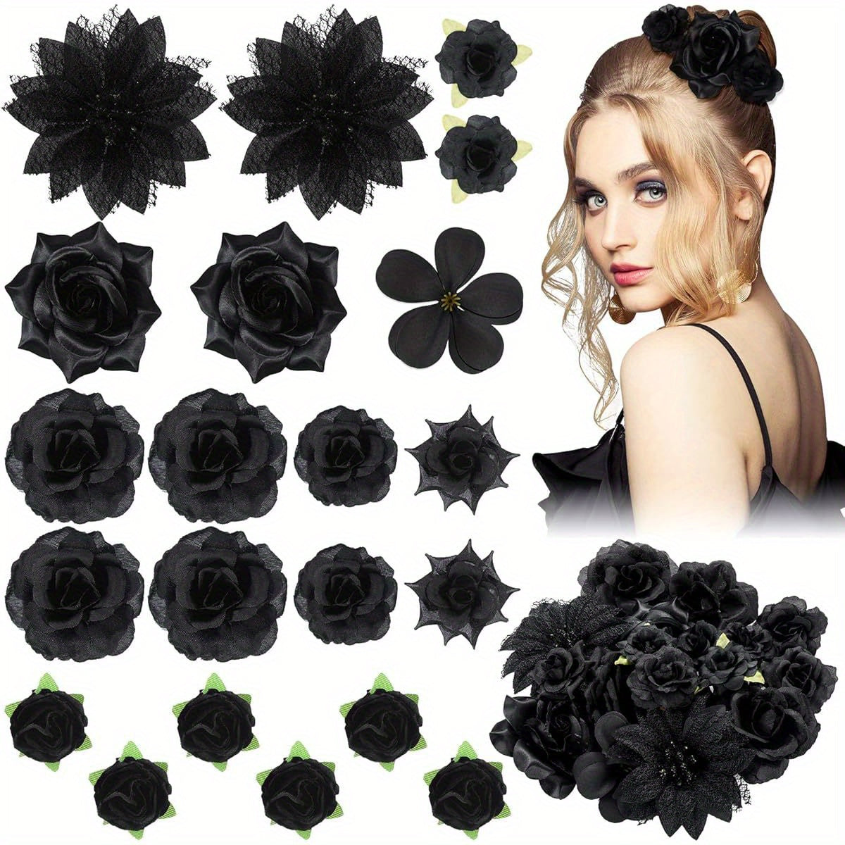 21pcs Black Rose Hair Clips for Women - Boho Bride Claw Clips with Green Stems, Elegant Floral Hairpins for Weddings, Bridal Accessories, and Formal Events, Wedding Hair Accessories, Wedding Hairpins, Sophisticated Style, Durable Hairpins