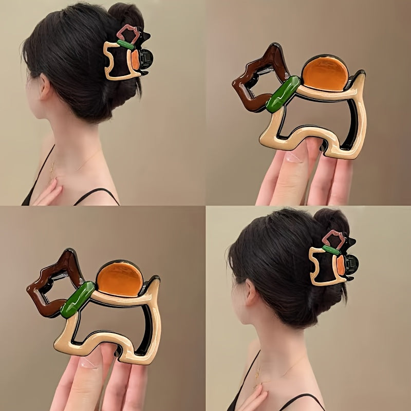 3 Elegant Dog-Shaped Hair Clips - Brown, Black, and Green Color Block Design, Large Shark Clip Suitable for Women'S Braids, Secure Hold Hair Accessories for Everyday and Formal Occasions, Cute Hairpins, Trendy Cute Design