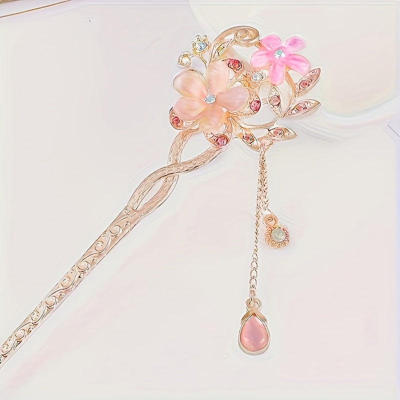 1pc Vintage Floral Hairpin - Elegant Ethnic Wedding, Party, Everyday Hair Accessory - Floral Hair Clip with Delicate Chains - for Women, Bridal, Special Events - Floral Hairpin for Updos & Voluminous Hairstyles