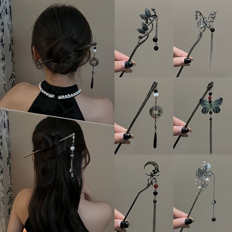 6pcs Alloy Elegant Butterfly Moon Rose Tassel Hairpin Set, Suitable for Women and Ladies, Fashionable Trendy Cool Hair Accessories, Perfect as Birthday Holiday Costume Party Photo Gift, Ideal Choice for Her