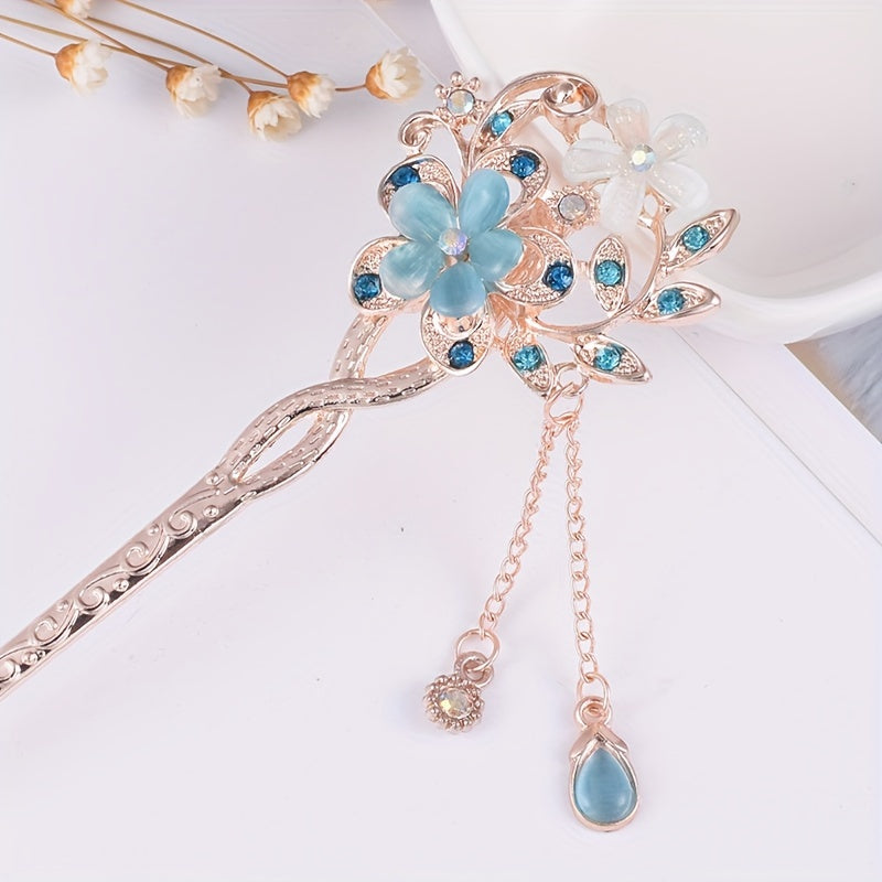 1pc Vintage Floral Hairpin - Elegant Ethnic Wedding, Party, Everyday Hair Accessory - Floral Hair Clip with Delicate Chains - for Women, Bridal, Special Events - Floral Hairpin for Updos & Voluminous Hairstyles