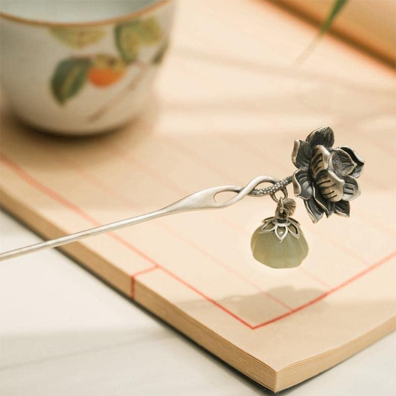 S925 Sier for Lotus flower Hairpin Chinese Hanfu Style Hair Sticks Retro Handmade Hair Clip Hair Accories for Women Girls Long Hair for Lotus flower