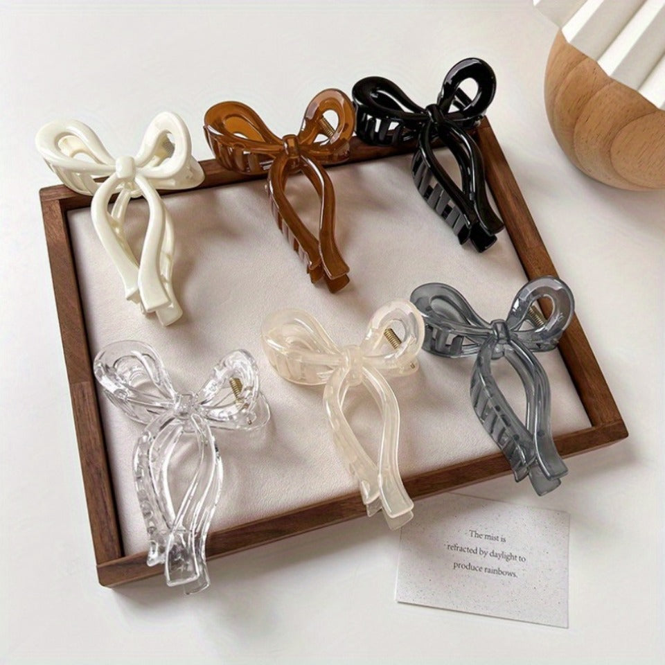 7 New Jelly Color Bow Hair Clips - Large Elegant Hair Claw Clips with Secure Hold, Pastel & Vibrant Colors (Pink, Orange, Yellow, Brown, Black, White, Red) for Women, Daily Wear, Valentine's Day Gifts, Ponytails, Buns & Braids - Durable Hair Accessories