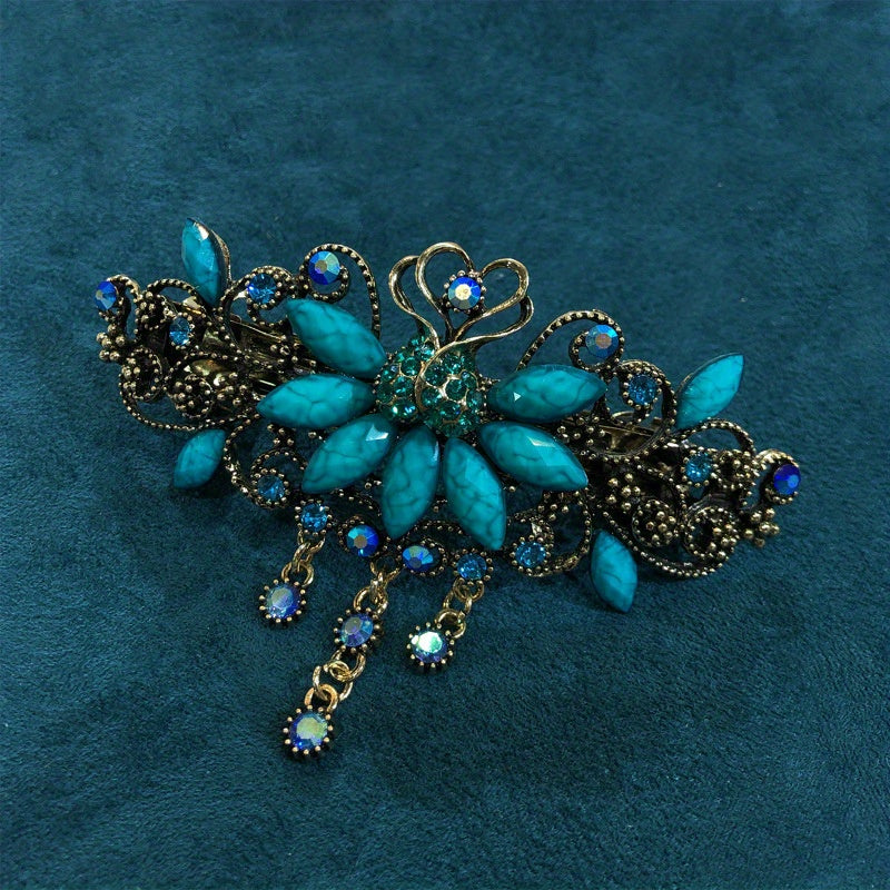 Vintage Floral Rhinestone Hair Clip - Turquoise Blue & Clear Floral Hairpin with Spring Clamp, Elegant Wedding, Party, Everyday Hair Accessories for Women - Retro Hair Clips for Braids, Updos, Bangs
